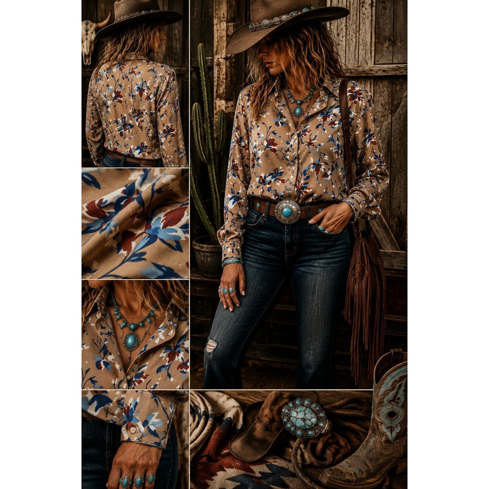 Vintage The Shirt Maker Floral Blouse Western Boho Ranch Cowgirl Size 14 M L
